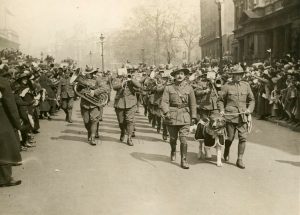 Soldiers marching on Anzac Day. 